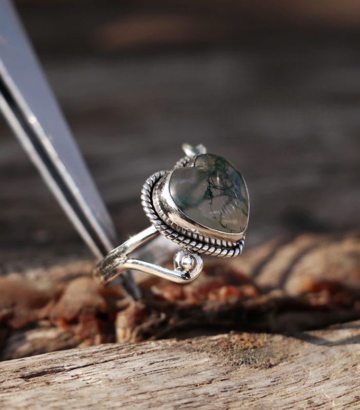 Moss Agate Heart Sterling Silver Ring – handmade 925 sterling silver | Rajso Jewelry