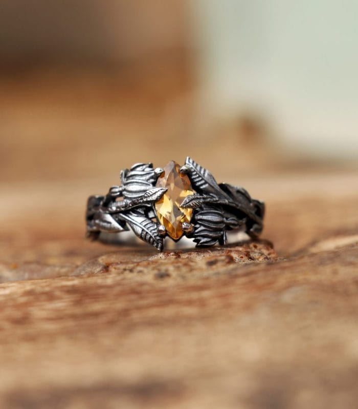 Citrine Oxidised Sterling Silver Leaf Ring – handmade 925 sterling silver | Rajso Jewelry