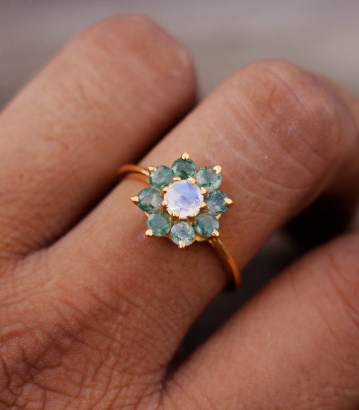 Rainbow Moonstone & Moss Agate Gold-Plated Ring – handmade 925 sterling silver | Rajso Jewelry