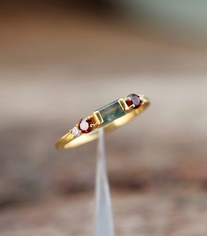 Moss Agate & Garnet Gold-Plated Ring – handmade 925 sterling silver | Rajso Jewelry