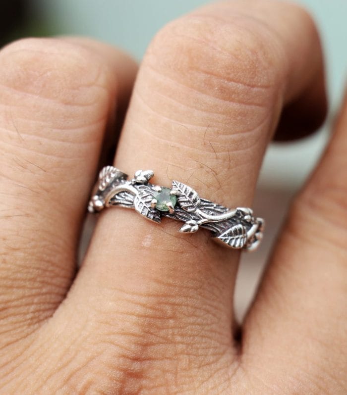 Moss Agate Leaf & Vine Sterling Silver Band – handmade 925 sterling silver | Rajso Jewelry