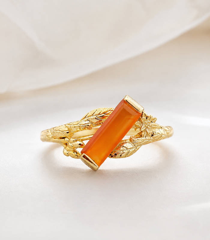Baguette Carnelian Leaf Ring in Gold Finish – Handcrafted Floral Vine Statement Ring