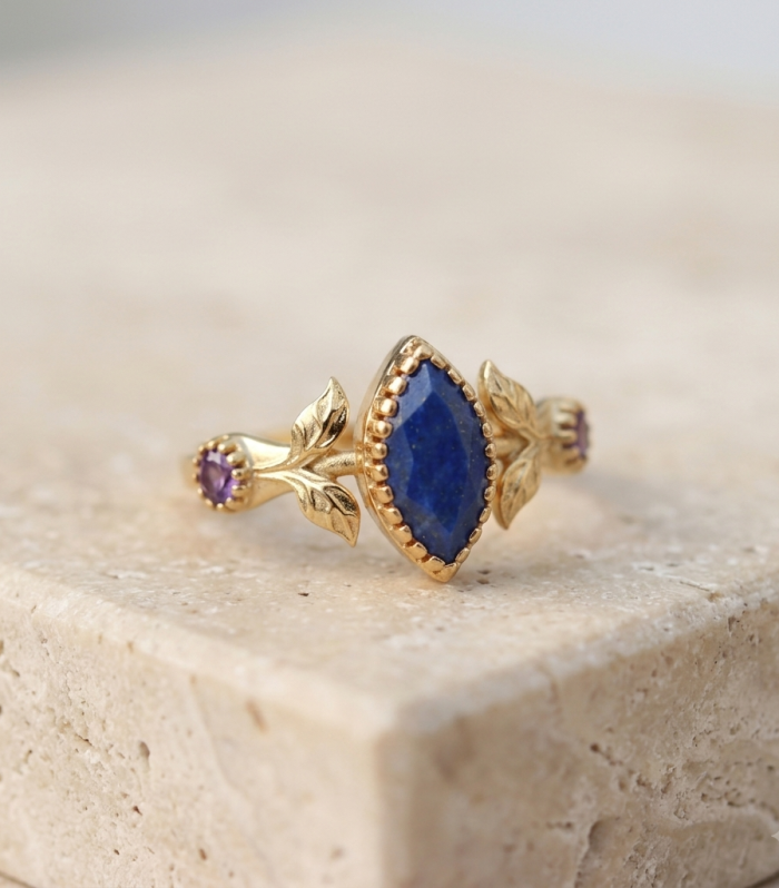 Marquise Lapis Lazuli Leaf Ring with Amethyst Accents in Gold Finish – Handcrafted Nature-Inspired Ring