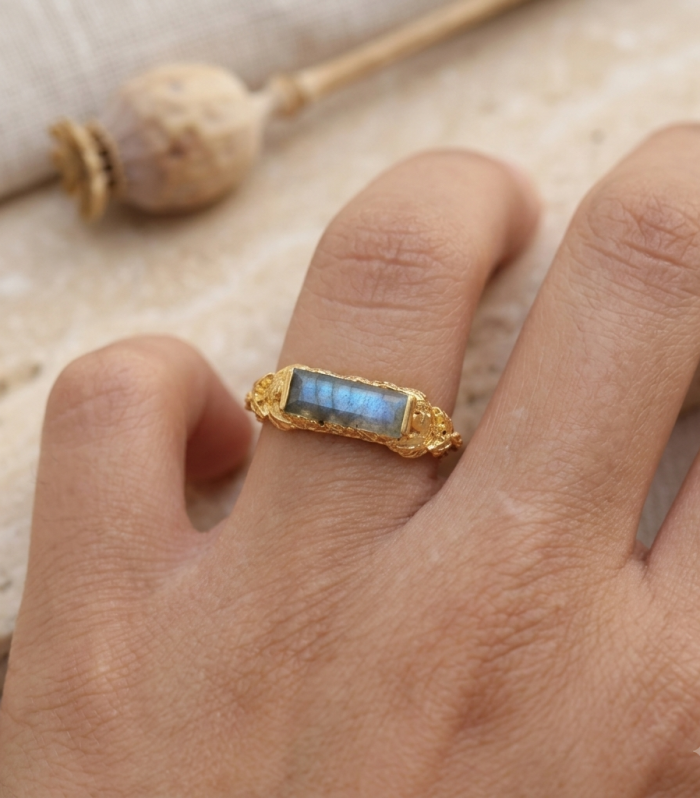 Horizontal Baguette Labradorite Ring in Gold Finish – Handcrafted Organic Textured Statement Ring