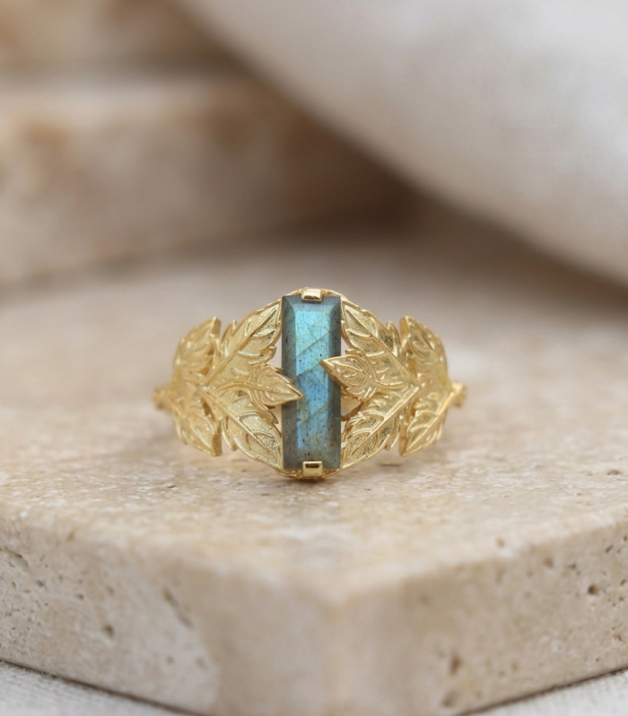 Vertical Baguette Labradorite Leaf Ring in Gold Finish – Handcrafted Nature-Inspired Statement Ring