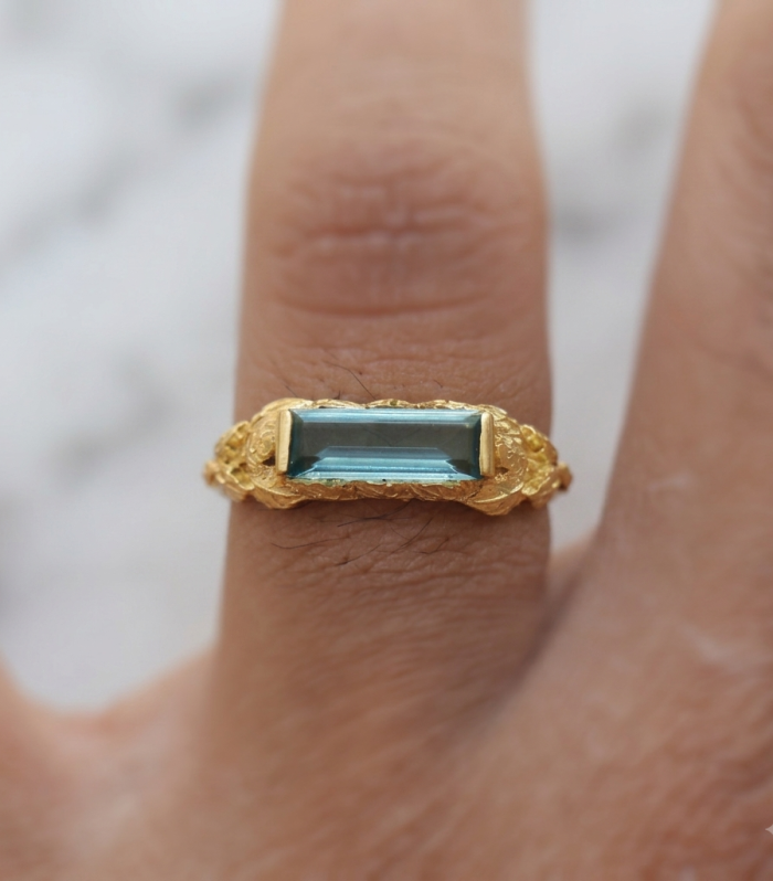 Horizontal Baguette London Blue Topaz Ring in Gold Finish – Handcrafted Organic Leaf Statement Ring