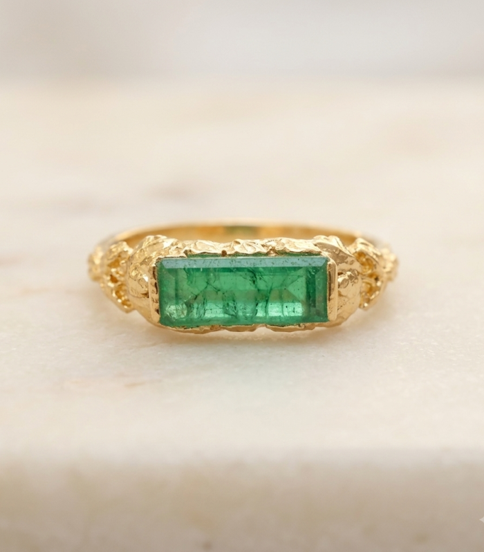 Horizontal Baguette Green Jade Ring in Gold Finish – Handcrafted Organic Textured Statement Ring