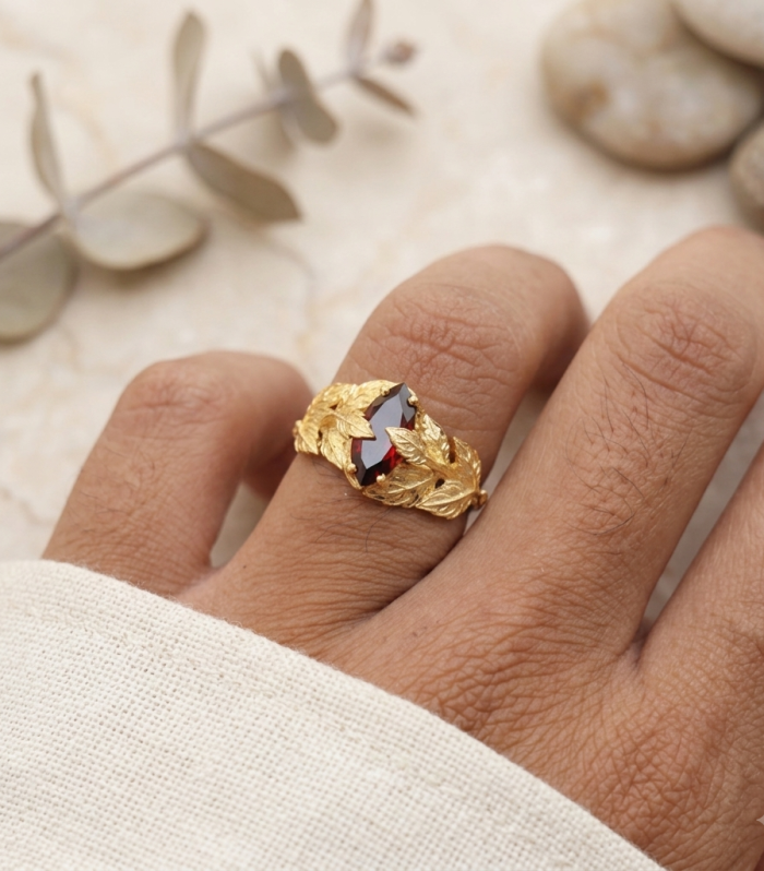 Marquise Garnet Leaf Ring in Gold Finish – Handcrafted Nature Inspired Statement Ring