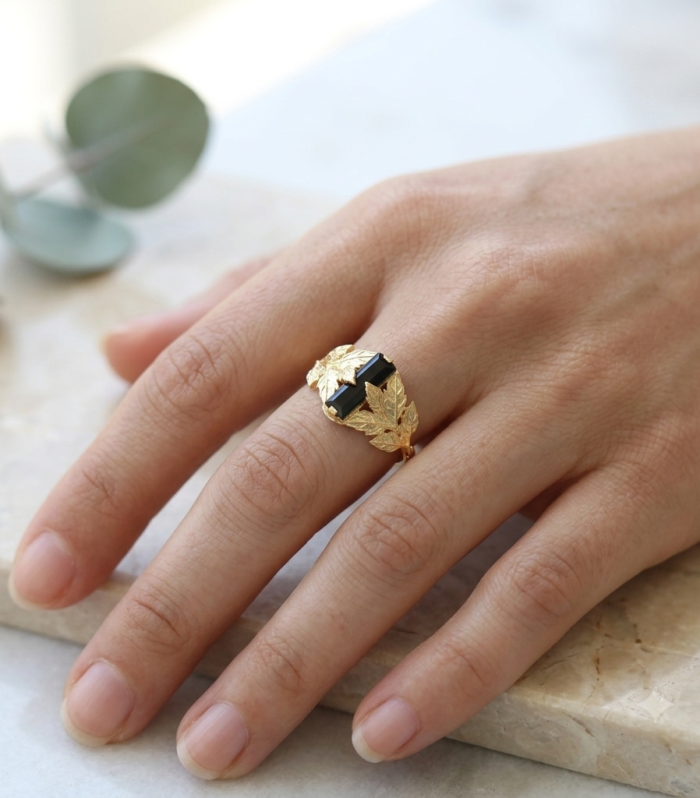 Baguette Black Onyx Leaf Ring in Gold Finish – Handcrafted Nature Inspired Statement Ring