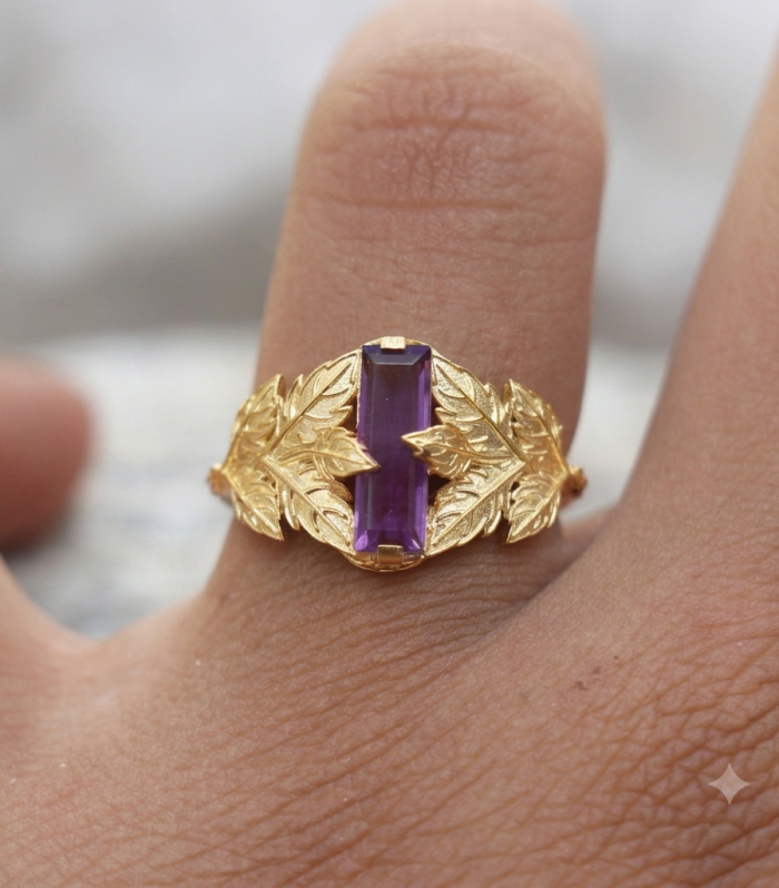 Handmade Rectangular Purple Amethyst Gold Ring – Vertical Baguette Leaf Gemstone Ring
