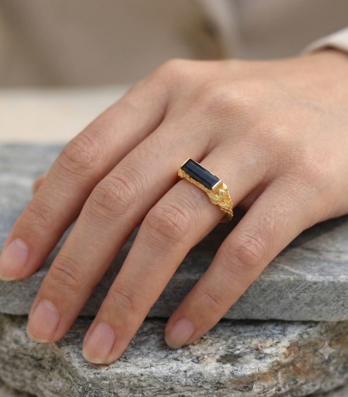 Horizontal Baguette Black Onyx Leaf Ring in Gold Finish – Handcrafted East-West Nature Inspired Statement Ring
