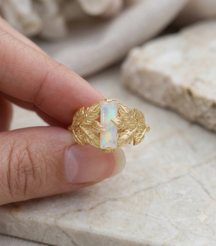 Baguette Natural Rainbow Moonstone Leaf 925 Sterling Silver Gold Plated Botanical Ring Jewelry