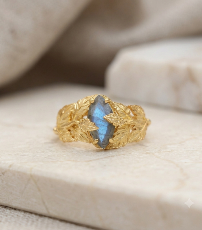 Gold Plated Labradorite Leaf Ring Marquise Gemstone Nature Inspired Jewelry