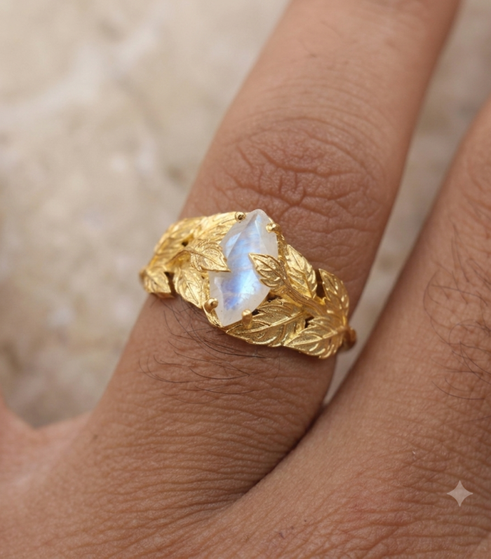 Marquise Natural Rainbow Moonstone Leaf 18K Gold Plated 925 Sterling Silver Botanical Ring Jewelry