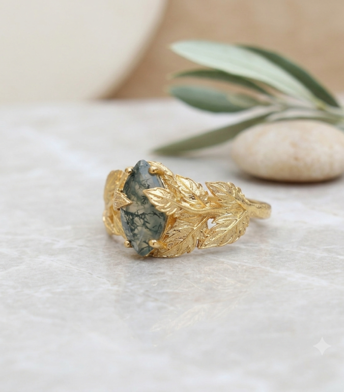 Moss Agate Gemstone Leaf 18k Gold Plated 925 Sterling Silver Marquise Statement Ring Jewelry