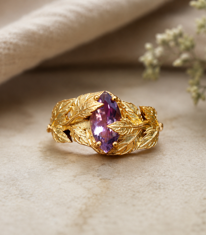 Amethyst Gemstone Ring, 18K Gold Plated 925 Sterling Silver Leaf Ring Jewelry