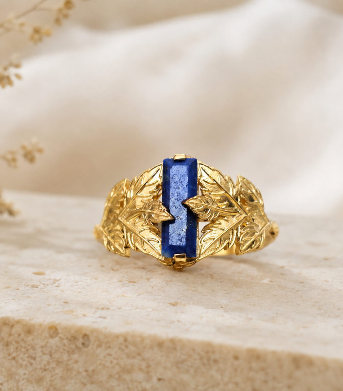 Baguette Lapis Lazuli Leaf Gemstone 925 Sterling Silver 18k Gold Plated Botanical Ring Jewelry