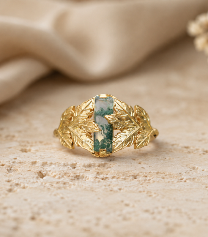 18K Gold Plated 925 Sterling Silver Moss Agate Leaf Ring for Women