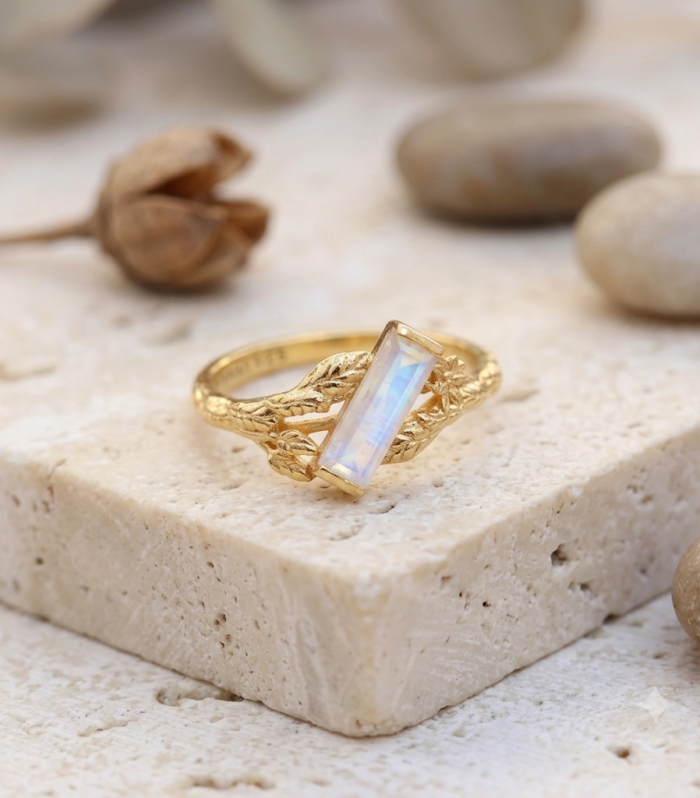 Natural Moonstone Gemstone 18k Gold Plated 925 Sterling Silver Leaf Ring for Women