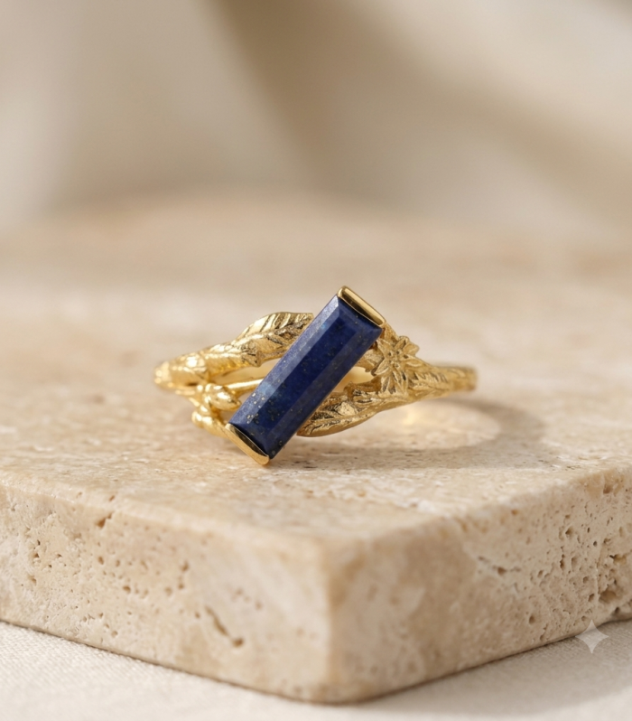 Natural Lapis Lazuli Gemstone 18k Gold Plated 925 Sterling Silver Leaf Ring for Women