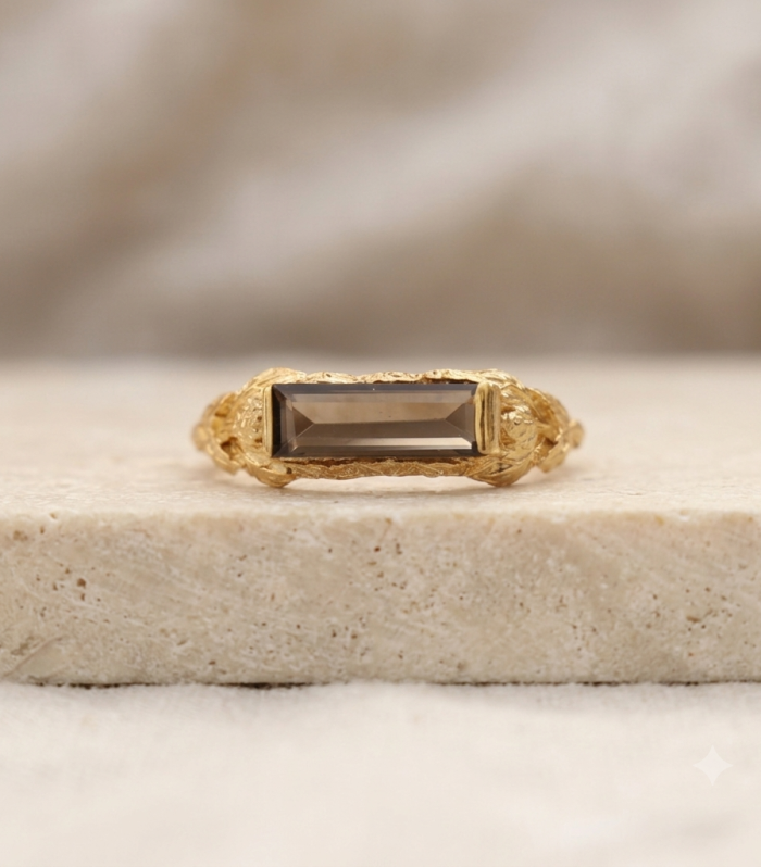 Smoky Quartz 18k Gold Plated 925 Sterling Silver Leaf Ring for Women