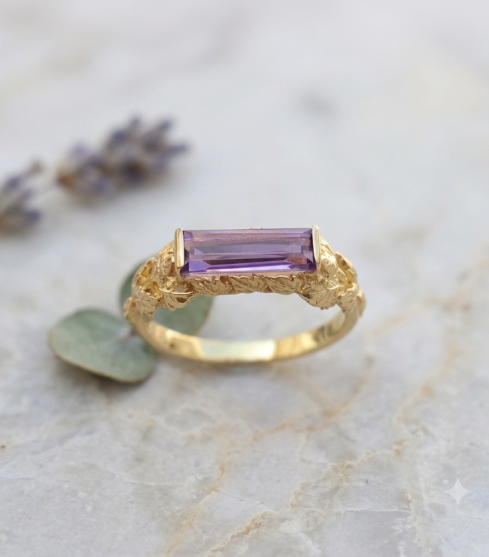 Amethyst Gemstone 18k Gold Plated 925 Sterling Silver Leaf Ring for Women