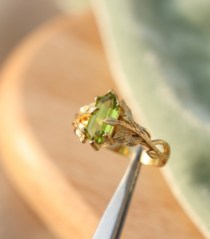 Nature Inspired Elongated Hexagon Peridot Ring in Gold Finish – Handcrafted Leaf Branch Statement Ring