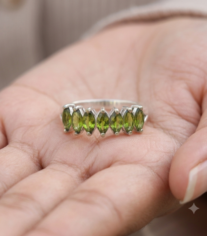 925 Sterling Silver Marquise Peridot Band Ring