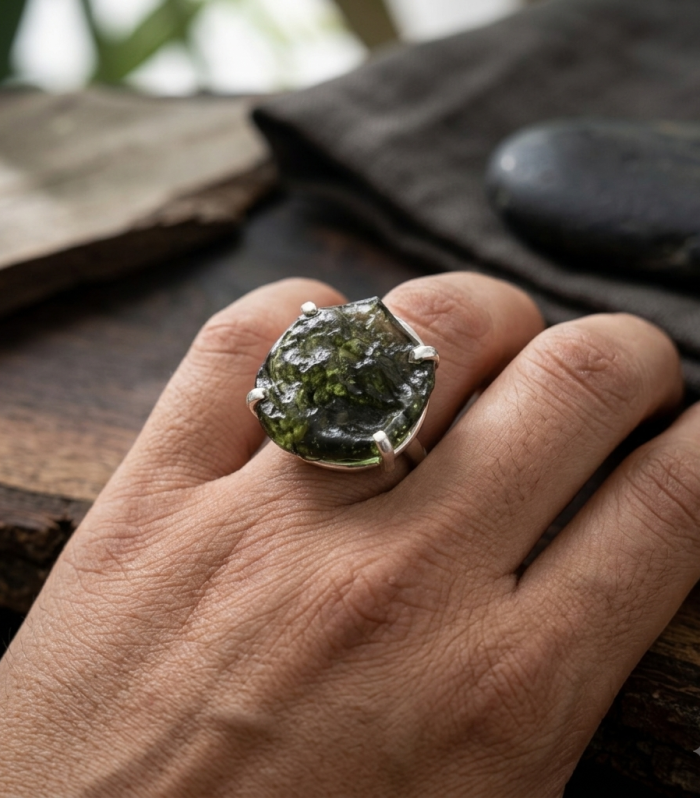 Handmade Raw Moldavite 925 Sterling Silver Ring – Natural Green Stone Jewelry