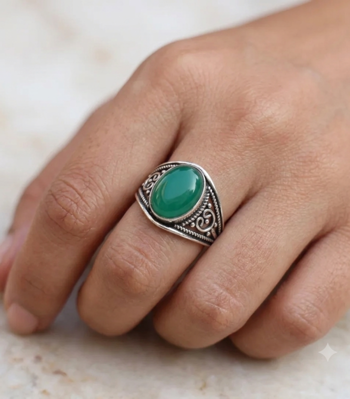 Oval Green Onyx Silver Tribal Filigree Statement Ring
