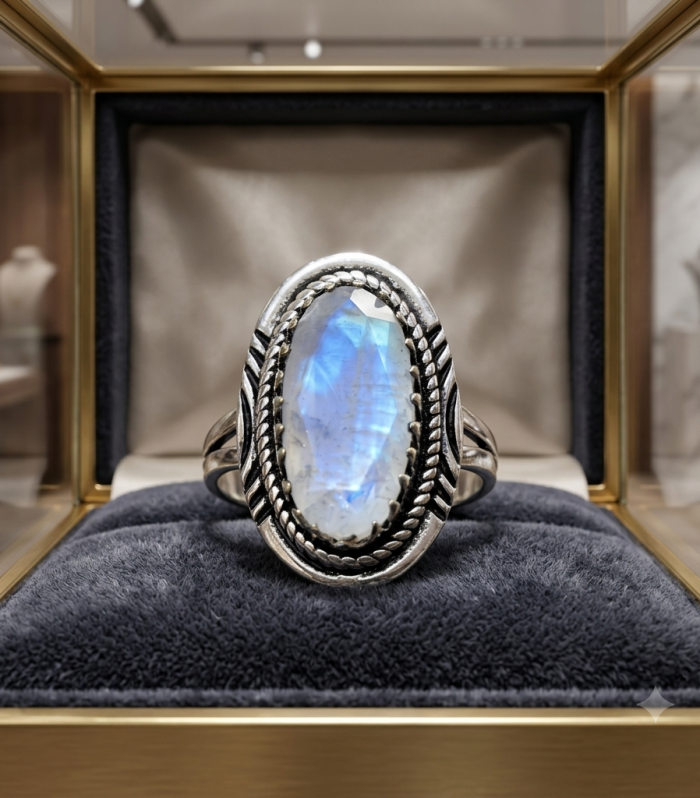 Oval Faceted Moonstone Silver Tribal Statement Ring