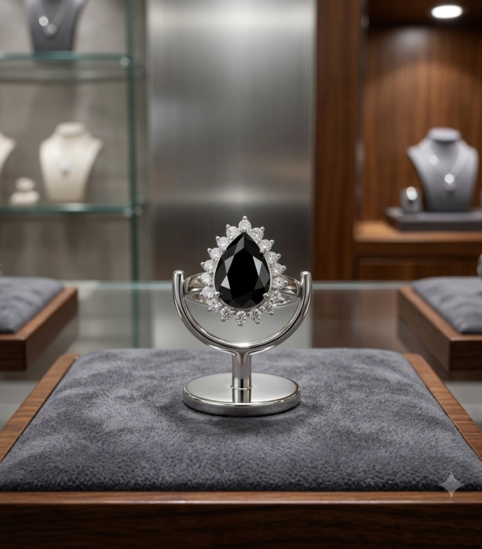 Teardrop Black Onyx CZ Double Halo Silver Ring