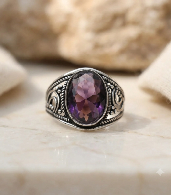 Oval Faceted Amethyst Silver Tribal Statement Ring