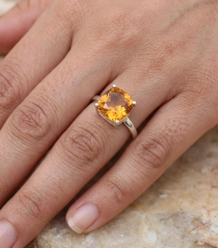 Golden Yellow Cushion Cut Citrine Silver Solitaire Ring