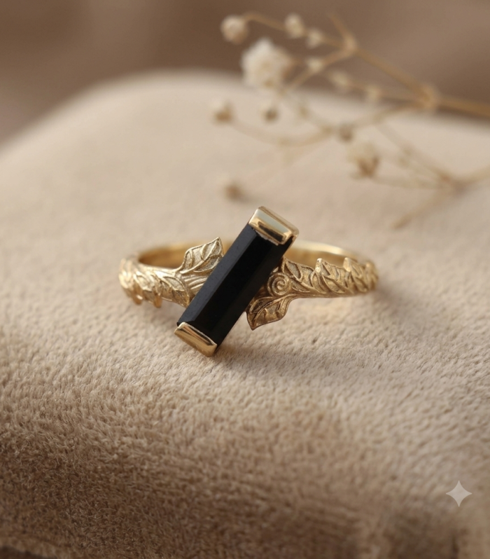 18K Gold Plated Rectangular Black Onyx Leaf Vine Ring