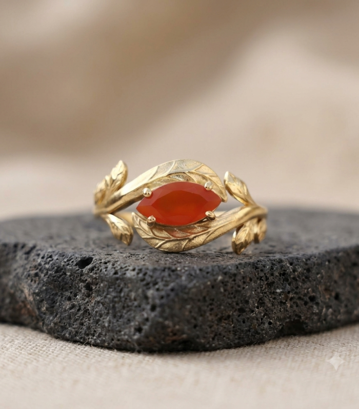 18K Gold Plated Marquise Carnelian Leaf Vine Ring
