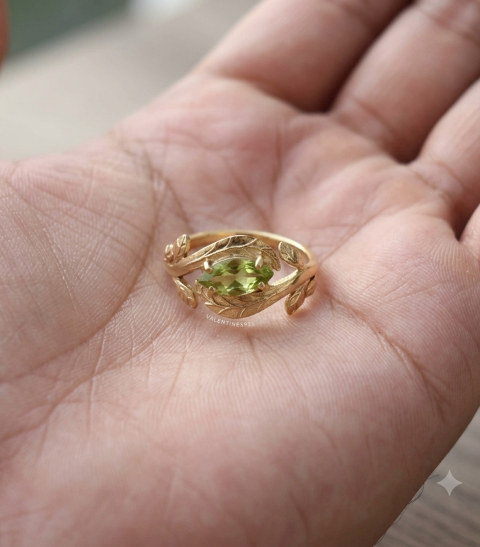 Marquise Green Peridot 18k Gold Plated Nature Inspired Leaf Ring