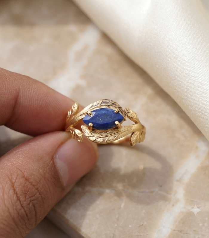 18K Gold Plated Marquise Lapis Lazuli Leaf Vine Ring