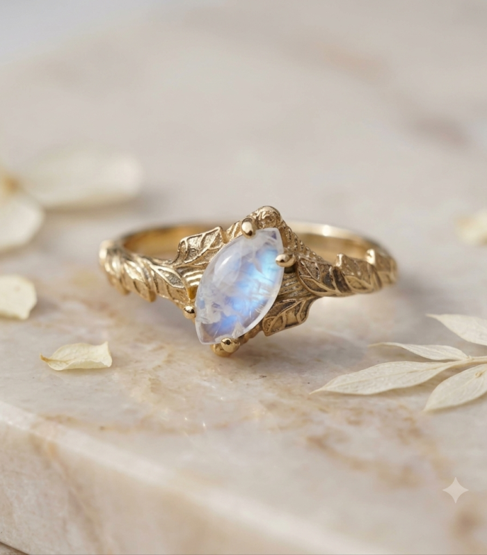 Handcrafted 18K Gold Plated Botanical Leaf Marquise Moonstone Ring