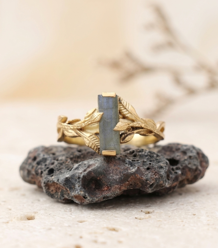 18K Gold Plated 925 Sterling Silver Rectangular Labradorite Leaf Vine Ring