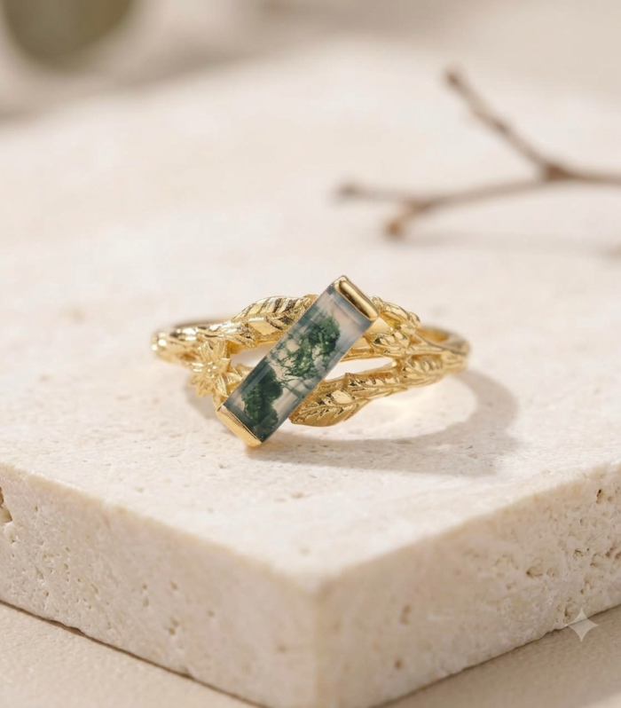 Rectangular Moss Agate Gold Nature Inspired Twig Ring