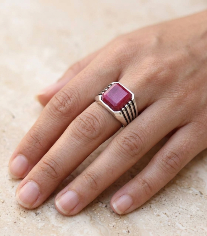 Square Raw Ruby Oxidized Silver Men's Statement Ring