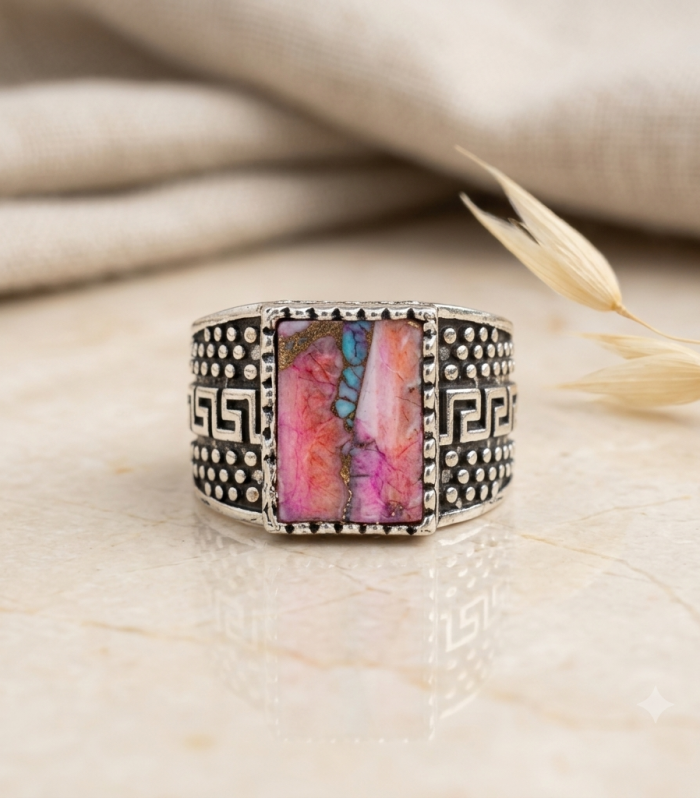 Rectangular Pink Turquoise Silver Signet Ring with Greek Key Pattern