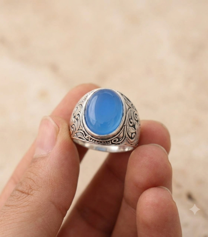 Oval Blue Chalcedony 925 Sterling Silver Engraved Statement Ring