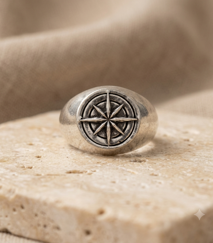 Antiqued Silver North Star Compass Signet Ring for Men