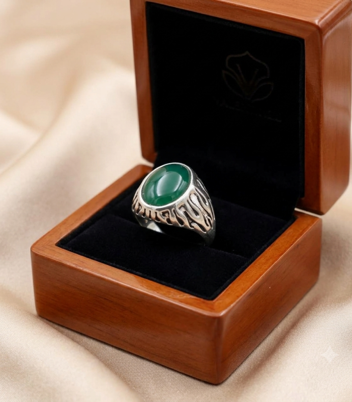 Oval Green Onyx Flame Pattern Silver Men's Statement Ring