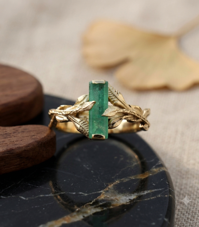 Rectangular Green Jade Gold Nature Inspired Twig Ring