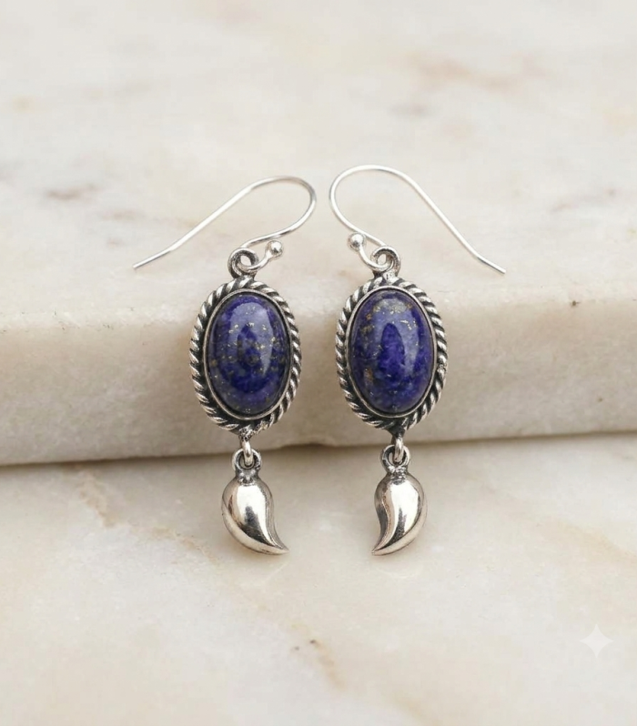 925 Sterling Silver Lapis Lazuli Rope Border Dangle Earrings with Talon Charm