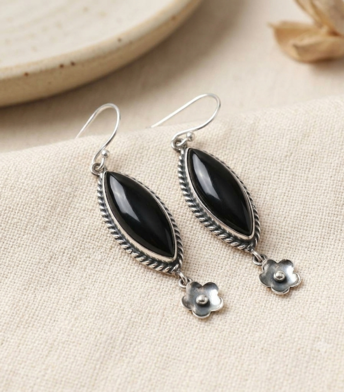 925 Sterling Silver Black Onyx Marquise Dangle Earrings with Flower Charm