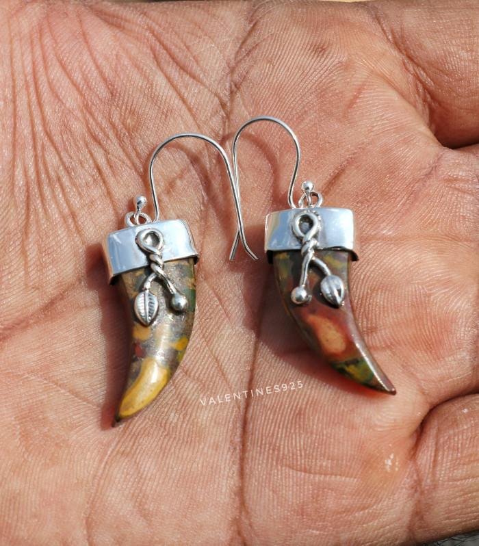 925 Sterling Silver Polychrome Jasper Horn Dangle Earrings with Leaf Accent